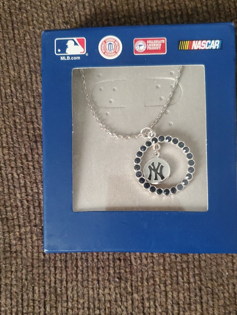 Yankee by Lori Goldstein Silver Necklace with Navy Crystal Circle and NY Pendant